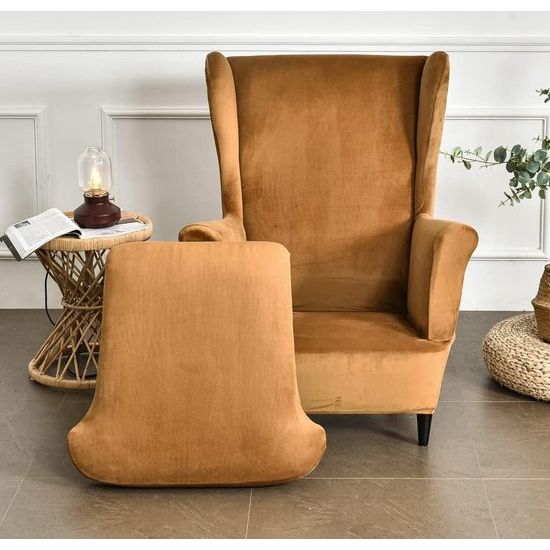 2-delige set oorfauteuils, fauteuil-overtrek, fauteuil-overtrek, stoelhoes, effen, fluweel, hoes, stoelhoes, strandmon, tijger, stoelhoes met armleuning, hoge rugleuning (camel)