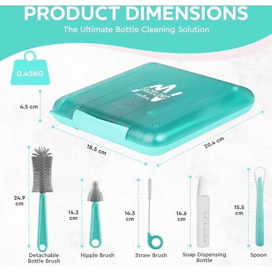 7-in-1 babyfles-reinigingsset: flessenborstel, zuigborstel, stroborstel, zeepdispenser, lepel, droogstandaard babyflessen, opbergdoos, reisbenodigdheden (turquoise)