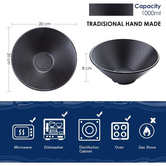 Keramische soepkommenset 2 x 1000 ml aardewerk Ramen Bowl noedelkommen met lepel en eetstokjes voor Udon Pasta Pho Soba granensalade Japanse stijl traditioneel handgemaakt