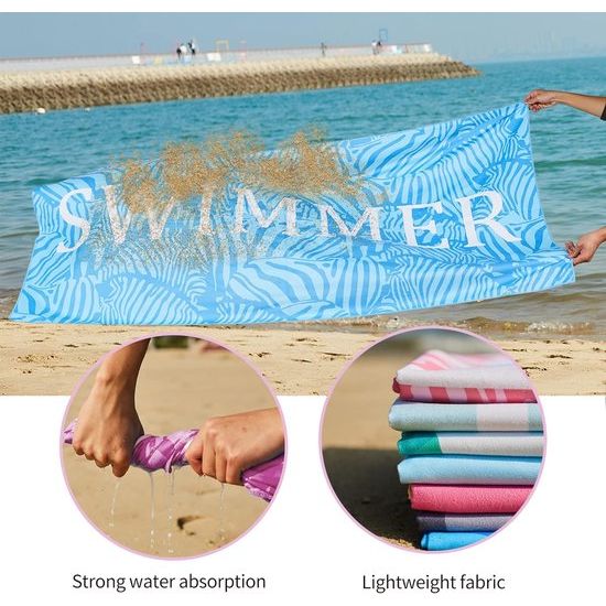 Strandhanddoek, groot, microvezel handdoek, 180 x 90 cm, zandafstotend, sneldrogend, microvezel, strandhanddoek, groot, voor strand/zwembadzijde/strandstoelen (zwemmer-blauw)