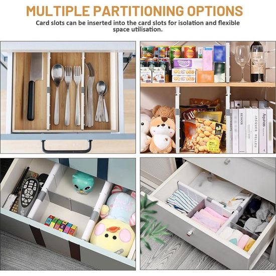 Schuifladenorganizer, set van 4 ladeverdelers, verstelbaar (28-44,5 cm, 10,5 cm hoog), antislip ladeverdeler, opbergsysteem voor keuken, slaapkamer, badkamer, commode, wit