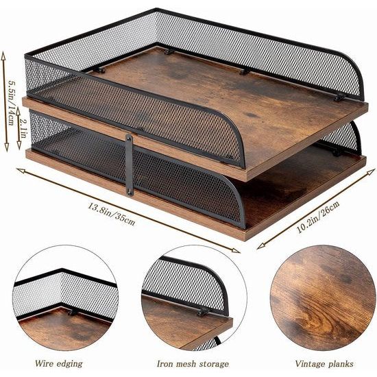Brievenbak van hout en metaal, vintage design, bureau-organizer, papierhouder, kantoordocumentenorganizer (zwart)