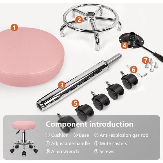Rolkruk, in hoogte verstelbaar, draaibaar, barkruk, werkkruk, van kunstleer, bureaukruk, roze