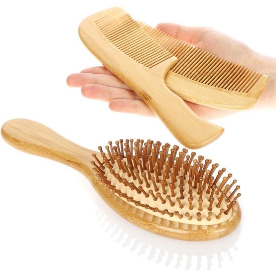 3-delige premium haarverzorgingsset, multifunctionele borstel en twee stylingkammen van bamboehout, bamboe-haarborstel en kapkam, voor elk haartype (3-delige kammen + borstel)