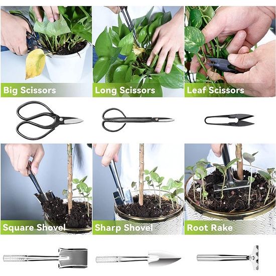 Bonsai gereedschap, tuingereedschap set 13 in 1 incl. snoeischaar set mini schep hark set bonsai trainingsdraad met opbergtas voor bonsai tuinieren bonsai starter gereedschap set