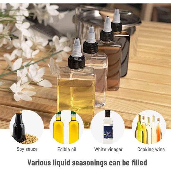 4-pack kleine campingoliedispenserflessen, 100 ml lekvrije knijpkruidenfles met schroefdop, doseerflessen voor buiten voor olie, soja, saus, azijn, 4 stuks