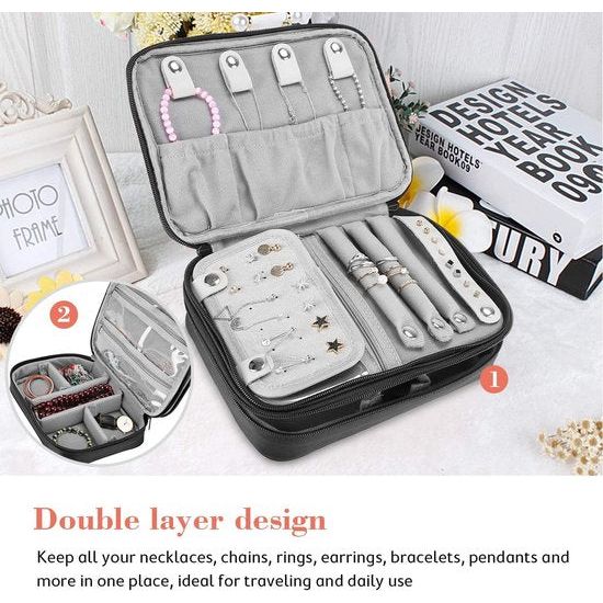 Sieradenetui, sieradenkistje voor het opbergen van sieraden, zachte gevoerde dubbellaagse sieradenorganizer voor oorbellen, ringen, halskettingen, armbanden, horloges enz. - zwart