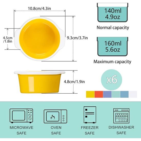 Bakvorm taartvorm, soufflévormen porselein, 6-delige mini ovenschaal ovenvormen voor crème brûlée dessertsoufflé, ronde vorm, inhoud 160 ml, optimale inhoud 140 ml