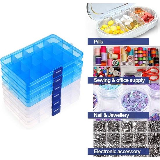 Opbergdoos met compartimenten, doorzichtige sorteerdozen, plastic opbergdoos, sieradendoos, verstelbare assortimentsdoos voor sieradenorganizer, pareloorbellen, 15 raster x 6 stuks