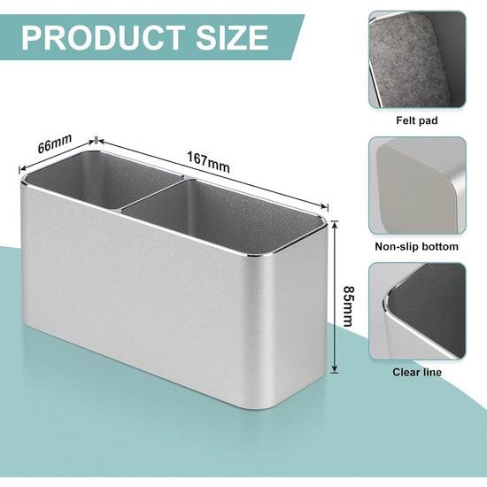 Pennenhouder bureau zilver metaal, bureau-organizer aluminium, cosmetica-penseelhouder, pennenkoker voor kantoor, kinderen, rechthoekig