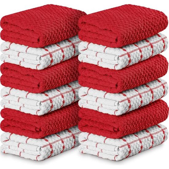 Set van 12 theedoeken, keukendoeken, 38 x 64 cm, katoenen theedoek, machinewasbaar (rood en wit)