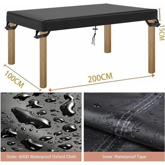 Afdekking voor tuintafel, 600D-afdekking, tuintafel, tafelafdekking, outdoor, weerbestendig, afdekking, tuinmeubelen, winterbestendig, afdekzeil, tuintafel, 200 x 100 x 15 cm