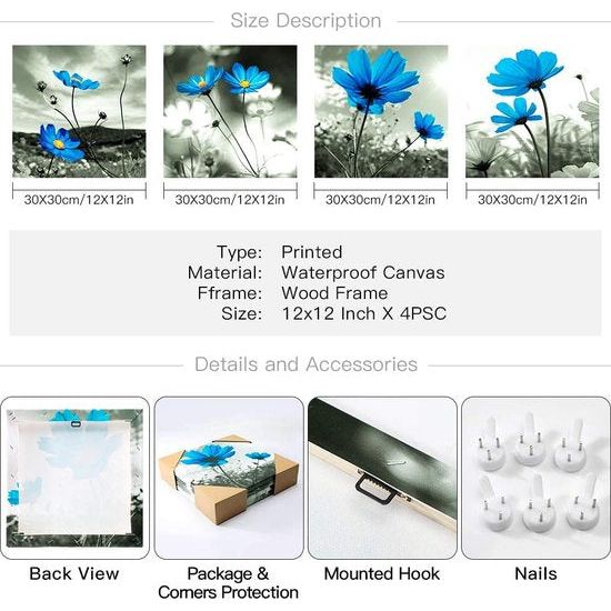 4-delige canvasafbeeldingen met blauwe bloemenmotief, kunstdruk, moderne muurfoto voor badkamer, woonkamer, wanddecoratie - 30 x 30 cm