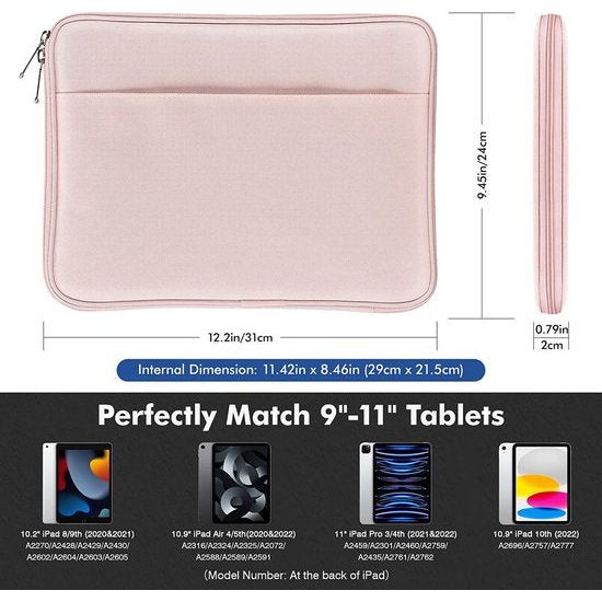 Tablettas compatibel met iPad Air 5, 10,9 inch, 2022, iPad Pro 11 2021/2020/2018, iPad 9/8/7 Gen 10.2, iPad Air 4 10.9, iPad 9.7, 9-11 inch tablet beschermhoes met meerdere vakken van polyester, roze