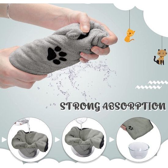 Set van 4 microvezel hondenhanddoeken, zacht, absorberend, huisdierbadhanddoek, droogverzorgingshanddoek met geborduurde poten, voor katten, badverzorging, grijs, 90 x 50 cm