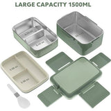 Bento Box, Adult Lunch Box with Stainless Steel Compartment, Leak-Proof, 1500 ml, Large Volume, BPA-Free, Keep Fresh for a Long Time (Green)