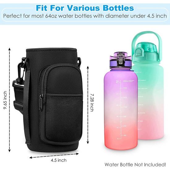 2L waterfleshouder/mouw met verstelbare schouderriem, 2L sport waterfles slingerhoes neopreen zakhouder met 2 zakken voor wandelen reizen op school camping (Excl fles, zwart)