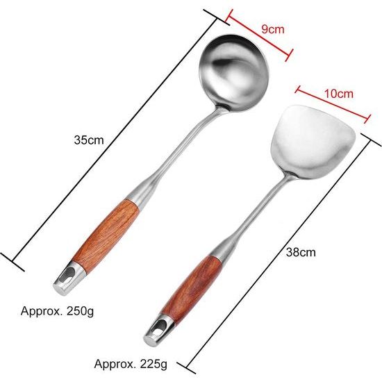 Roestvrijstalen wokspatel en soeplepel met lang hittebestendig houten handvat Keukengereedschapset 2-delig