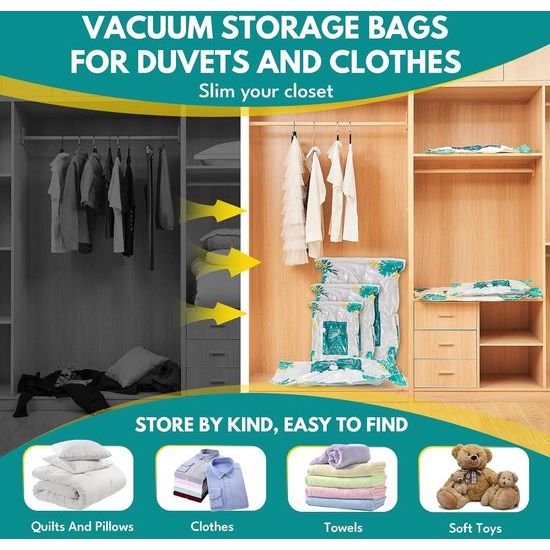 Pak met 24 vacuümzakken voor kleding op reis/dekbedden vacuümopbergzakken (4 jumbo 100 x 80 cm / 4 grote 80 x 60 cm / 8 middelgrote 70 x 50 cm / 8 kleine 60 x 40 cm) ruimtebesparende vacuümopslag voor kleding