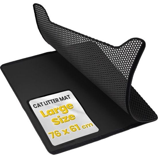 Kattenbakmat, hoogwaardige dubbellaagse waterdichte kattenmat, honingraatpatroon om de strooiverdeling te regelen, eenvoudige reiniging voor de kattenbakmat (zwart, groot, 76 x 61 cm)