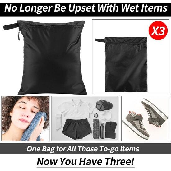 3 stuks wetbag 30 x 35 cm, herbruikbare zakken, waterdichte natte tas met ritssluiting, vuile kleding, tas, organizer voor badpakken, strandlaken, sportkleding (zwart), zwart