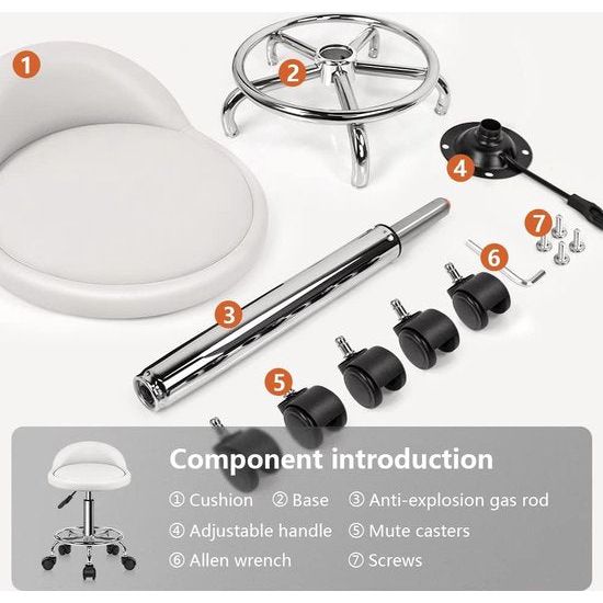 Rolkruk, bureaukruk, draaistoel, in hoogte verstelbaar, draaikruk met lage rugleuning en voetensteun, van PU-leer, wit