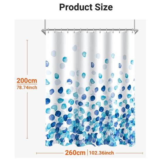 Shower Curtain, 260 x 200 cm, Blue Petals, Weighted Hem, Anti-Mould Textile, Water-Repellent, Washable Polyester Bath Curtains with 14 Eyelets and Shower Curtain Rings for Bathroom, Bathtub
