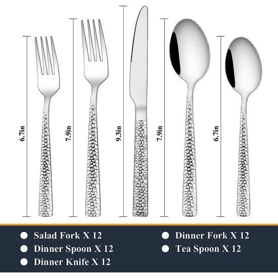 60-delige bestekset voor 12 personen, roestvrij staal, inclusief mes, vork, lepel, vaatwasmachinebestendig en roestvrij, zilverkleurig