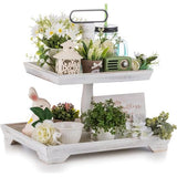 Decoratief dienblad Groot wit gewassen houten dienblad Rechthoekig hout met 2 niveaus Boerderij Decoratief dienblad Vintage shabby dienbladen voor thuis Koffiehoek Doucheruimte