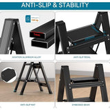 Trapladder, 2 treden inklapbaar aluminium vouwtrap, trapladder met breed anti-slip pedaal, draagbare vouwladder, opvouwbaar, huishoudelijk opstap, lichte staande ladder tot 150 kg, zwart
