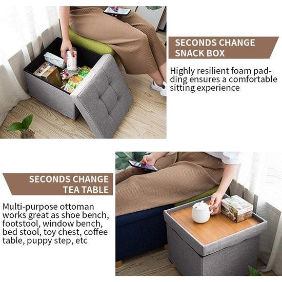 Zitkist, zitkruk, opvouwbare voetenbank met opbergruimte en deksel met houten poten, lichtgrijs, 38 x 38 x 38 cm