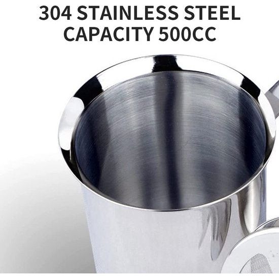500 ml roestvrij staal dubbel gaas melkopschuimer handgemaakt, 8 x 8 x 18 cm, perfect melkschuim Dankzij dubbele zeef en speciaal drukmechanisme
