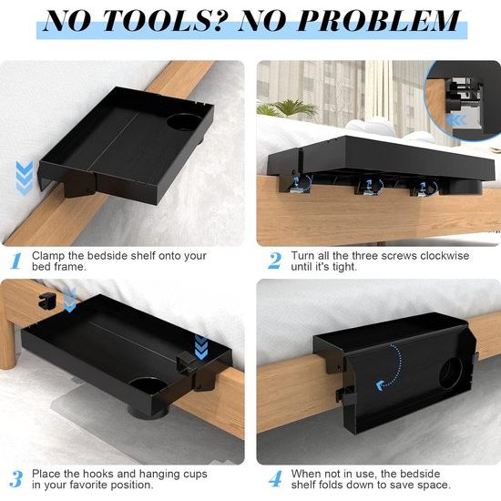 Inklapbaar nachtkastje, bedplank stapelbedrek voor studentenhuis, bedplank voor kinderen, met bekerhouder haken, 28,5 x 42 cm, zwart