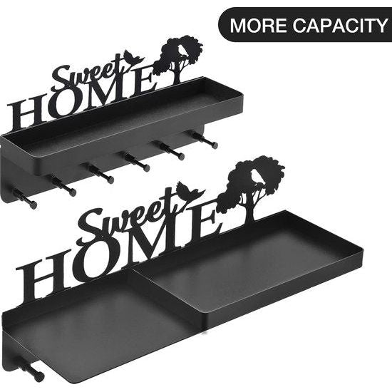 Sleutelrek met plank, groot, 31 x 14 cm, sleutelhouder, zwart, Home Sweet Home, sleutelbord, zelfklevend, 8 haken, sleutelhanger, sleutelhouder, wandorganizer