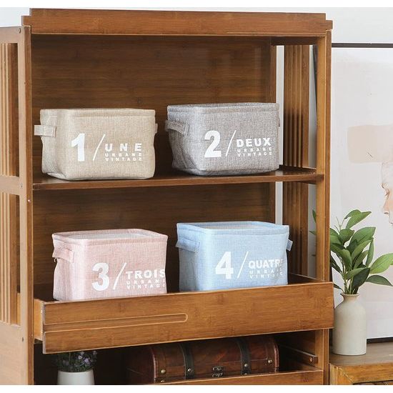 mini vierkante grijze en witte themamanden, opbergmanden van 100% linnen en katoen, opbergmanden voor planken en bureaus, set van 4