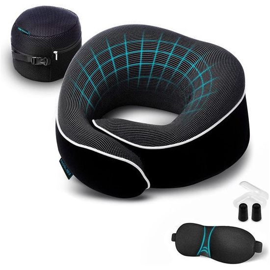 Nekkussen vliegtuig, reiskussen, 100% traagschuim, orthopedisch nekkussen, ideaal voor reizen met vliegtuig, auto, trein, met 3D-slaapmasker, oordopjes, hoogwaardige nettas (zwart)