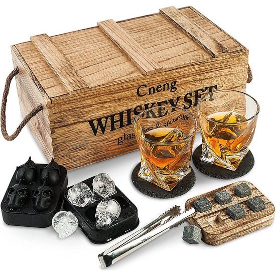 Whiskey Stones en Bril Gift Set voor Mannen, 10oz Whisky Glazen Set van 2 + 6 Whiskey Rocks Chilling Stones met Houten Doos, Cadeau voor Hem Vriend Vader Verjaardag