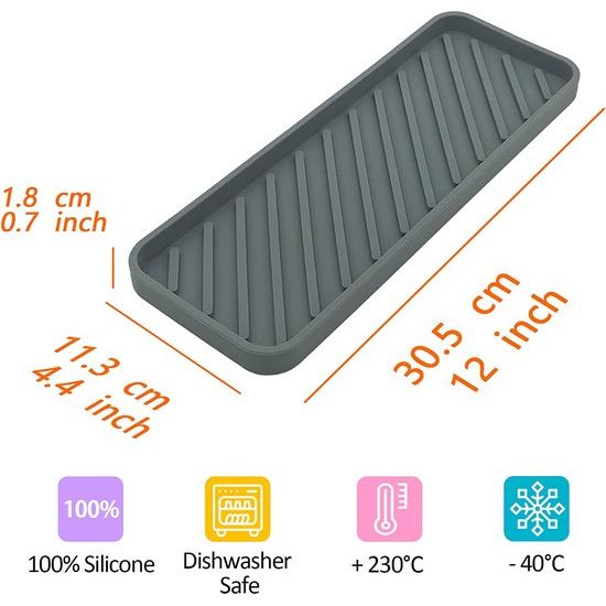 Spoelbakorganizer, siliconen sponshouder, 30 cm x 11 cm, keukenbadkamerorganizer voor sponzen, borstels, zeep, afdruipmat siliconen, vaatwasmachinebestendig (grijs, 2 stuks)