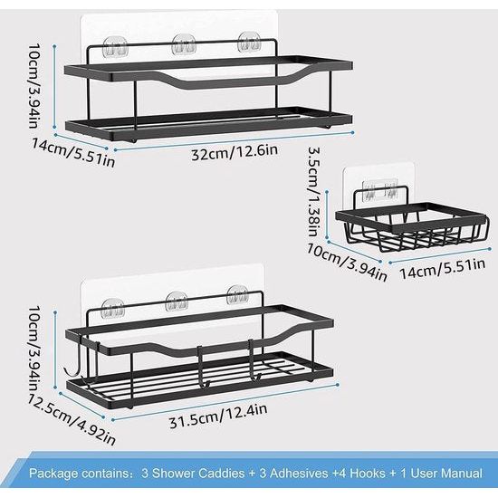 Doucheplank, zonder boren, doucheplank zonder boren, met zeepbakje en 4 haken, badkamerorganizer, douchemand, shampoohouder voor badkamer, keuken, toilet, 304 roestvrij staal, zwart, 3 stuks