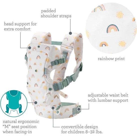 4-in-1 Flip Advanced Babydrager - Ergonomische en omkeerbare babydrager - Drager voor voor- en rugtransport - Verstelbare riemen - Voor baby's van 3,6 tot 14,5 kg - Regenboog patroon