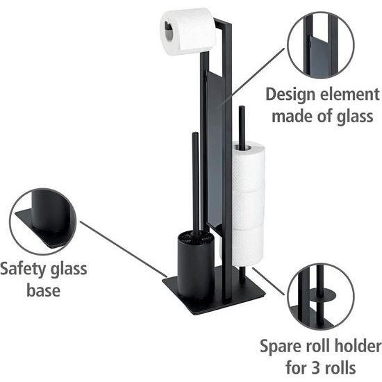 Staande WC-set, met geïntegreerde toiletpapierhouder en wc-borstelhouder, gelakt staal, 23 x 70 x 18 cm, mat zwart.