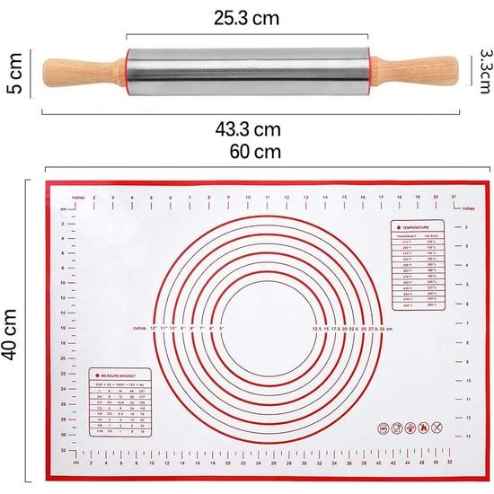 Deegroller van roestvrij staal, 43 cm grote deegroller met houten handgrepen + bakmat, siliconen met afmetingen, anti-aanbak, bakaccessoires voor bakken, fondant, pizza, cake, pasta en