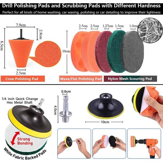 Borstelopzetstuk, boorset, 22-delig, boorborstelopzetstuk met polijstopzetstuk, accuschroevendraaier voor autovelgen, badkuip, wastafel, keuken, wielen, grill, tegels, keramiek, leer, bank