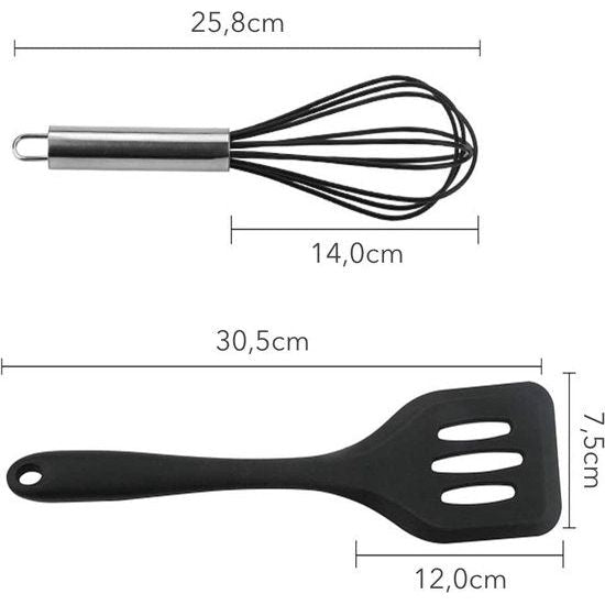 Set van 5 siliconen keukengerei, hittebestendig kookgerei, garde, spatel, bakkwast, spatel, spatel, spatel (zwart)