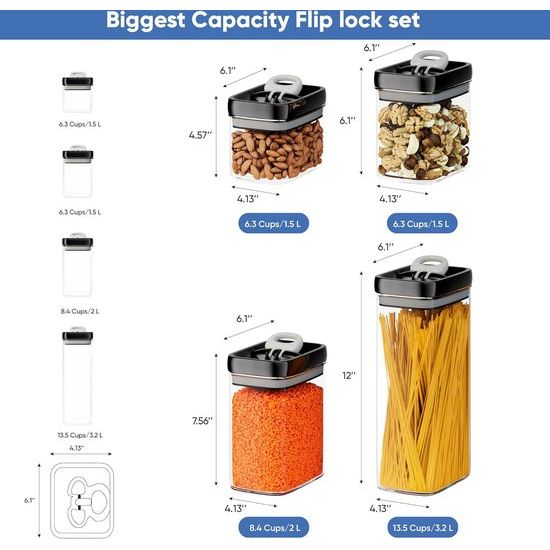 Luchtdichte voedselopslagcontainers, set voor thuisorganisatie - 7-delige grootste flip-lock luchtdichte set - BPA-vrije plastic - opslagcontainers met deksels - Zwart