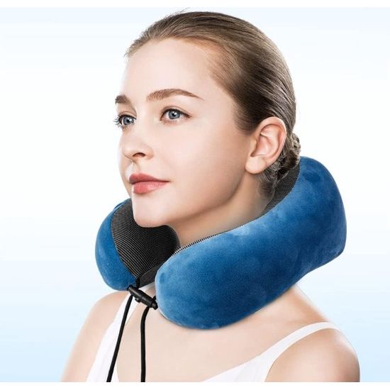 Nekkussen set met 3D slaapmasker en oordopjes - afneembare overtrek - traagschuim - ritssluiting - incl. opbergtas - reiskussen - kleur naar keuze (blauw)