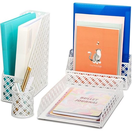 bureau-organizer 4-delige kantoorset/tafelbladplank metalen rooster Inclusief: A4 brievenbakje x 1, A4 krantenrek x 1, brievenhouder x1, pennenhouder x 1 - wit