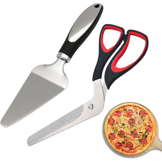 Pizzasnijder, pizzaschaar, pizza-oven accessoireset: pizzaschaar en pizzaservies van roestvrij staal voor het bakken van zelfgemaakte pizza, cake, pizzasnijder, ergonomische anti-slip handgreep