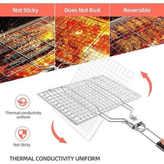 E-More BBQ grillmand, Draagbare opvouwbare roestvrijstalen barbecuegrillmand voor gebraden vis groenten garnalen steak, met afneembare houten handvat, 2 rijgen borstels en opbergtas,