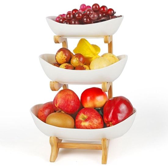 Fruitcake, staande keramische fruitbak, keuken, opbergmand, werkblad, decoratieve schalen met 3 verdiepingen, fruitschaal, fruitmand, etagère met houten standaard, voor keukendecoratie, groenten,